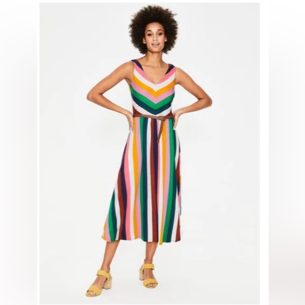 Boden US 10 Octavia Rainbow Multicolor Striped Sleeveless Midi V-neck Dress EUC